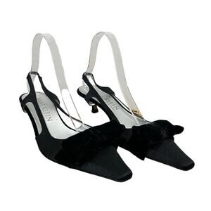 Anne Klein Vintage Slingback Heels 8.5 Black Satin Bow Kitten Made in Italy